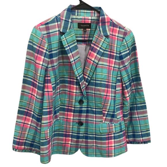 Talbots Womens Single Breasted Linen Blend Blazer Size 10 Plaid Preppy Classic - Picture 1 of 8